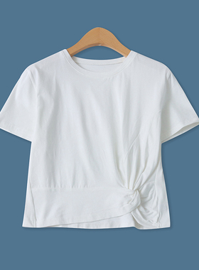 不规则棉T恤夏季新款外贸女装百搭纯色圆领修身褶皱短袖上衣17645