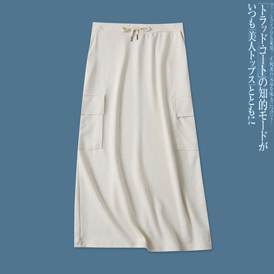 工装半身裙春季新款外贸女装百搭半松紧高腰后开叉显瘦长裙17815