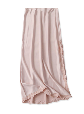 仿真丝缎面半身裙夏新款外贸女装时尚蕾丝花侧开叉大码长裙16679