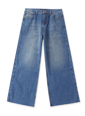 高腰牛仔裤秋季新款外贸女装休闲百搭显瘦磨白毛边直筒长裤18814