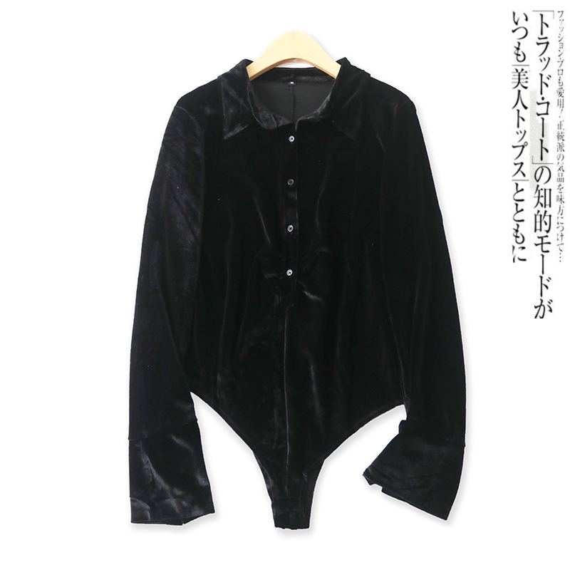 金丝绒连体春季新款外贸女装百搭修身翻领长袖套头连衣短裤16343