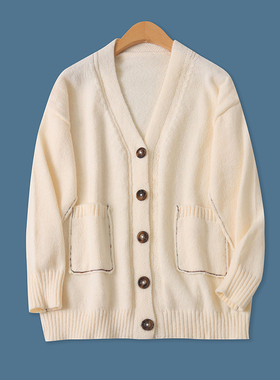 反拼接开衫秋新款外贸女装休闲百搭单排扣宽松长袖毛衣外套17169