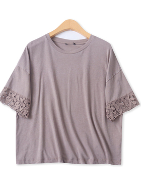 蕾丝拼接棉短袖T恤夏新款外贸女装百搭圆领大码宽松套头上衣17841