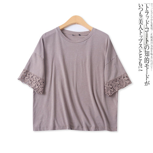 蕾丝拼接棉短袖T恤夏新款外贸女装百搭圆领大码宽松套头上衣17841