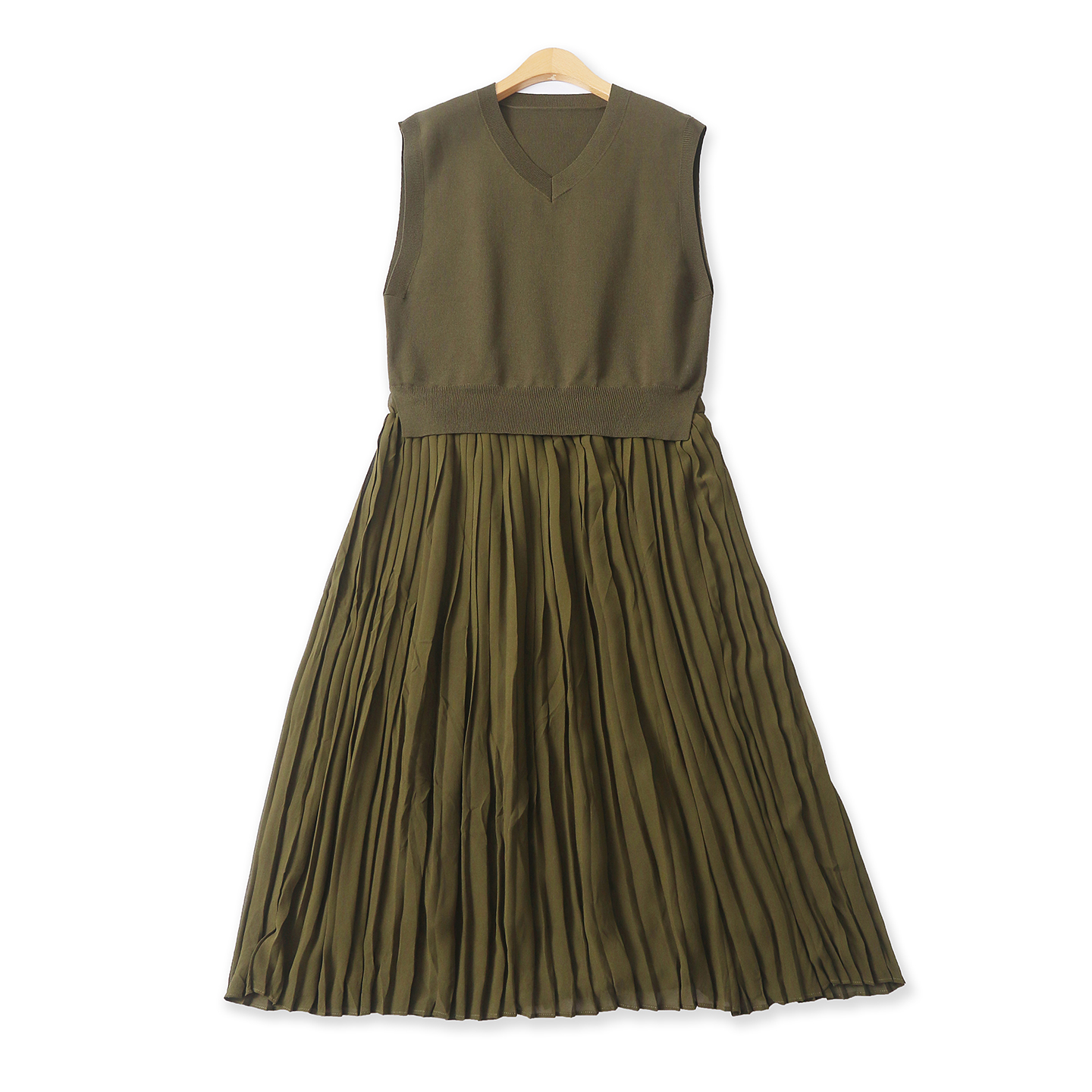 针织拼接雪纺裙秋新款外贸女装时尚百搭显瘦套头无袖百褶裙18751