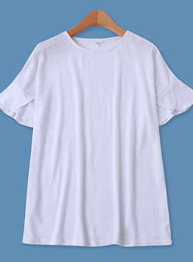 大码白T恤夏季新款外贸女装百搭圆领宽松显瘦喇叭口短袖上衣12632