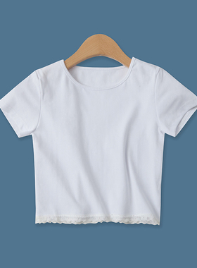 棉T恤夏季新款外贸女装百搭圆领短款修身蕾丝边下摆短袖上衣16295