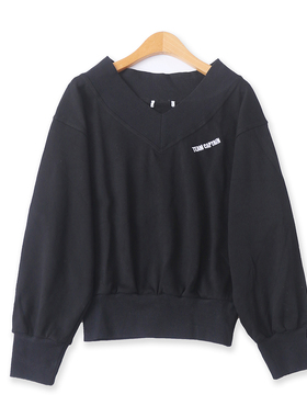 刺绣毛圈卫衣秋季新款外贸女装休闲螺纹V领收口长袖短款上衣18580