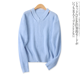 秋季 V领高弹力显瘦长袖 新款 百搭时尚 毛衣17164 外贸女装 镂空针织衫