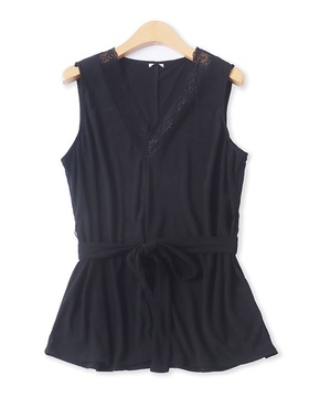 无袖绑带背心夏季新款外贸女装时尚百搭蕾丝V领显瘦套头上衣17998