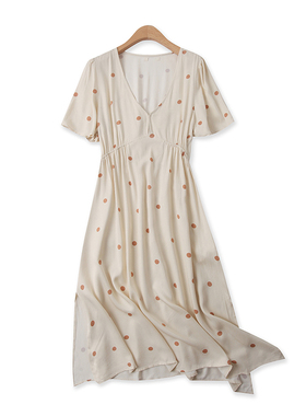 人棉波点连衣裙夏季新款外贸女装甜美百搭V领高腰宽松短袖裙14382