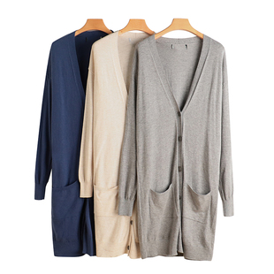 针织开衫秋新款外贸女装百搭深V领单排扣大码显瘦长袖薄外套9544