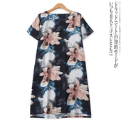 百搭复古宽松显瘦短袖 棉麻连衣裙夏新款 外贸女装 印染中长裙12510