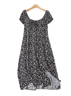 人棉带胸垫碎花裙夏新款外贸女装时尚后拉链开叉短袖连衣裙17203