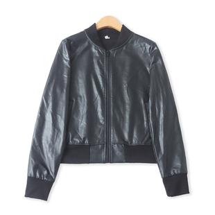 百搭复古螺纹拼接长袖 外贸女装 显瘦短外套19522 新款 PU皮夹克春季