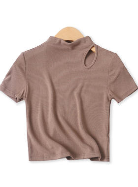 时尚镂空T恤夏季新款外贸女装短款高弹力半高领螺纹短袖上衣16077