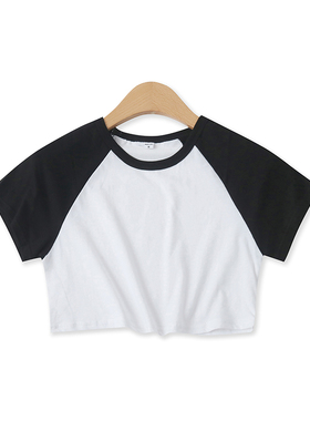 棉T恤夏新款外贸女装百搭短款圆领显瘦撞色拼接插肩短袖上衣16291