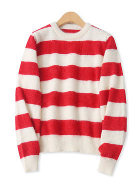 马海毛针织衫冬新款外贸女装时尚百搭宽松圆领长袖条纹毛衣17539