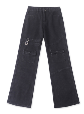 美式工装牛仔裤秋季新款外贸女装时尚高腰线修身多口袋长裤19129