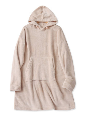 中长家居绒衫冬新款外贸女装休闲保暖袋鼠兜宽松长袖连帽衫17266