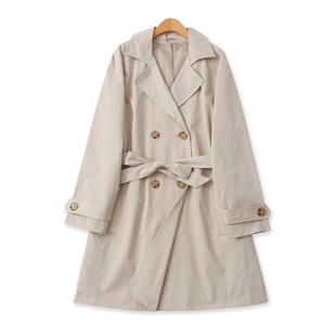领双排扣收腰长袖 纯色西装 外套18528 外贸女装 中长休闲风衣秋新款