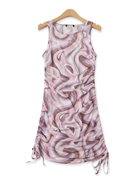 纱网印花裙夏季新款外贸女装时尚百搭透视修身可抽褶无袖裙16653