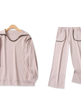 休闲套装春季新款外贸女装撞色翻领长袖卫衣+高腰线直筒长裤17563