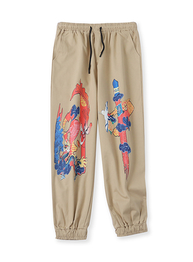 工装长裤秋新款外贸男女款韩版百搭松紧高腰显瘦印花休闲裤11537