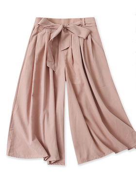 日单阔腿裙裤春夏新款外贸女装百搭松紧高腰绑带宽松八分裤16544