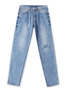 破洞小脚牛仔裤秋季新款外贸女装时尚百搭修身水洗磨白长裤18806