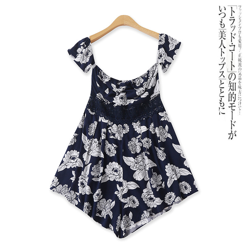 棉绸抹胸连体裤夏新款外贸女装露肩袖镂空蕾丝高腰印花短裤13433