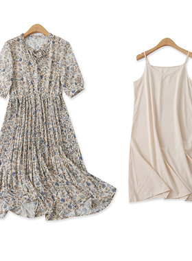 碎花百褶雪纺裙夏新款外贸女装甜美系带套头高腰短袖连衣裙15658