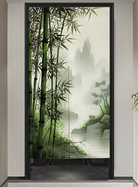 中式竹子门帘隔断帘入户玄关遮挡帘卧室卫生间布帘厕所免打孔挂帘