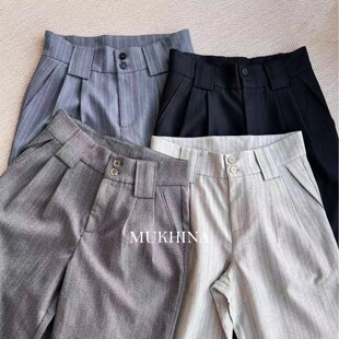男女同款 MUKHINA 条纹A字阔腿打褶廓形垂感TR混纺休闲通勤西裤