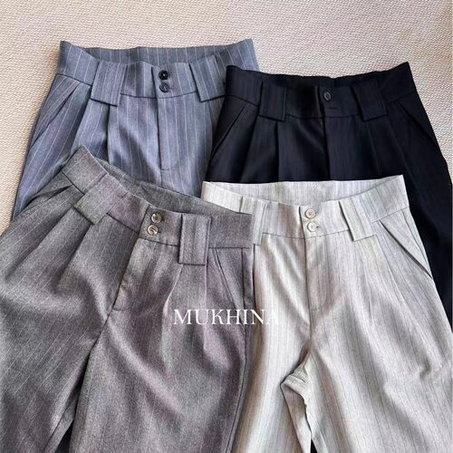 MUKHINA条纹A字打褶西裤