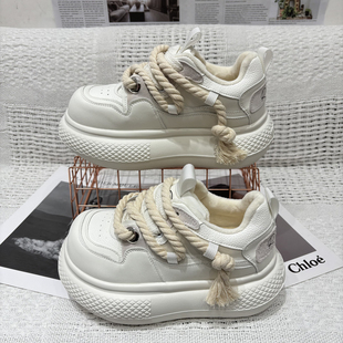 女面包鞋 韩版 女真皮系带加绒小白鞋 厚底胖丁大头老爹鞋 潮 2025新款