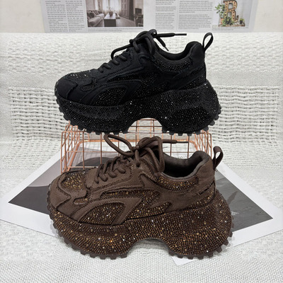 欧美风2025新款超火满钻老爹鞋女厚底拼接满天星增高时尚运动鞋潮