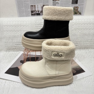 欧货2025冬季新款毛口翻边皮面雪地靴女厚底加绒两穿保暖棉靴短靴