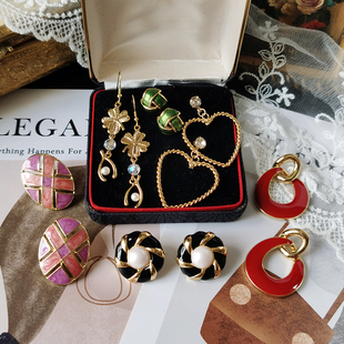 菠萝vintage全新现代耳环复古小众红绿珐琅珍珠镀金银针耳夹