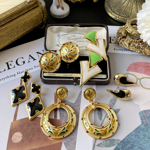 菠萝vintage全新现代复古耳环ins港风百搭简约珐琅银针耳钉耳夹