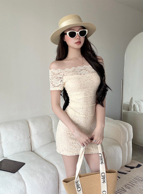 高段位裙~夏季气质名媛风收腰显瘦蕾丝短袖一字肩连衣裙包臀短裙