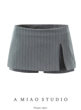 灰色细条纹开叉裙裤低腰防走光半身裙女小个子迷你包臀西装短裙子