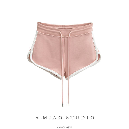 抽绳松紧腰辣妹短款撞色边热裤