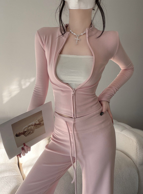 温柔甜欲双拉链小立领双面绒德长袖紧身开衫外套秋冬内搭短上衣女