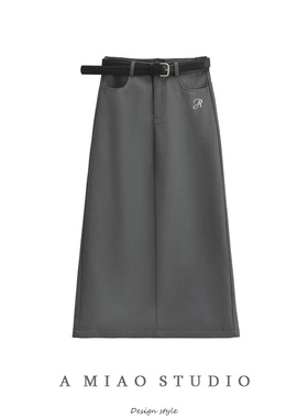 美式高校学姐风字母刺绣腰带高腰后开叉半身裙优雅气质西装长裙女