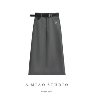 美式 长裙女 高校学姐风字母刺绣腰带高腰后开叉半身裙优雅气质西装