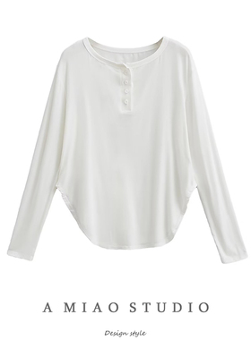 纯欲辣妹慵懒宽松弧形下摆长袖套头T恤女领口纽扣爵士舞上衣罩衫