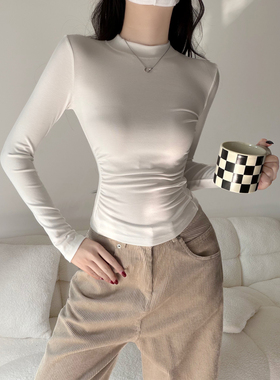 基础百搭半高领抽褶收腰显瘦长袖纯色T恤内搭外穿小高领上衣打底