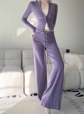 美式复古抽绳中高腰双面绒德显瘦直筒裤秋冬新款遛弯舒适休闲长裤