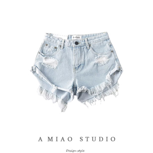 女a字卷边热裤 美式 新款 夏季 潮 辣妹性感重工破洞毛边露臀牛仔短裤